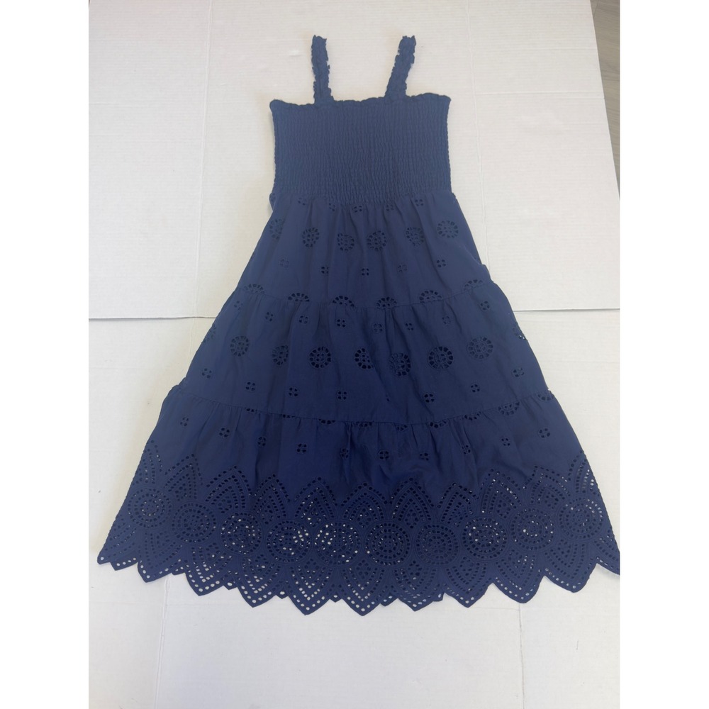 Aqua Girls Navy Blue Cotton Eyelet Tiered‎ Smocked Midi Dress Size L Large